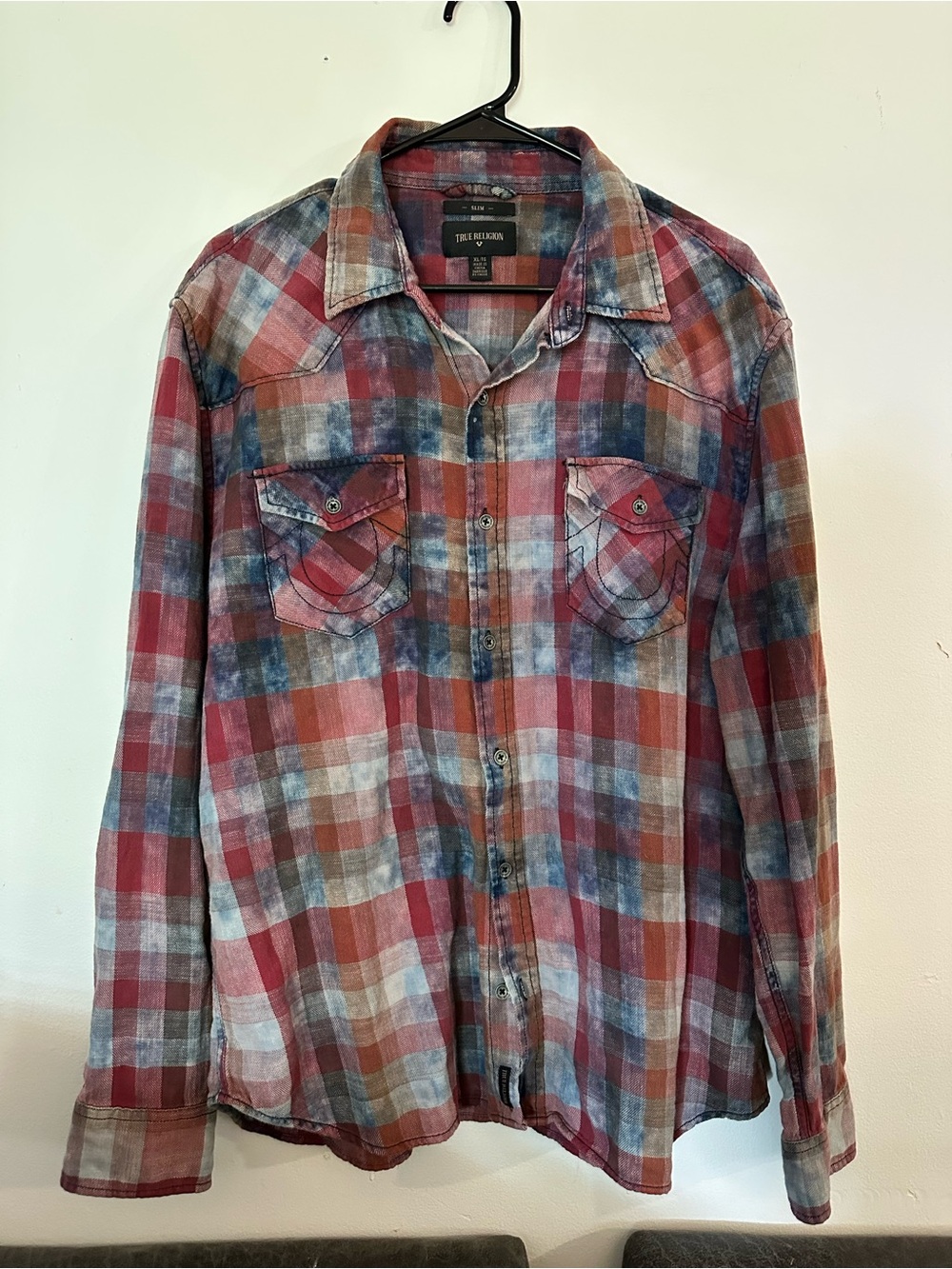 True Religion Red and Blue Plaid Casual Button-Down Shirt